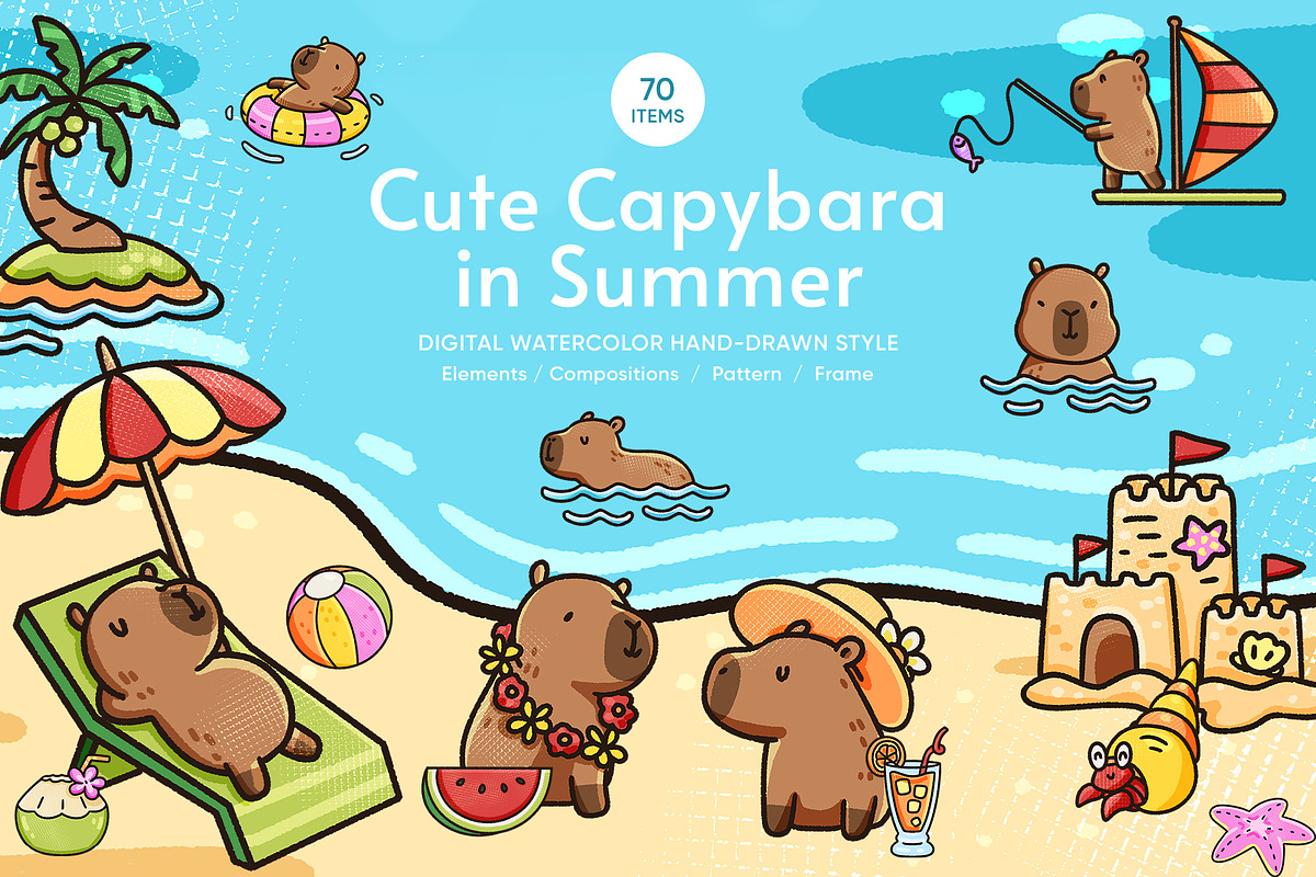 Cute Capybara in Summer Watercolor, an Animal Illustration by CreativeValuation (Photo 1 of 11)