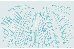 Big City Skyscraper Sketch Buildings. Blue Line Skeleton Strokes Modern Architecture Landscape. Hand Drawn Vector Stock Illustration.