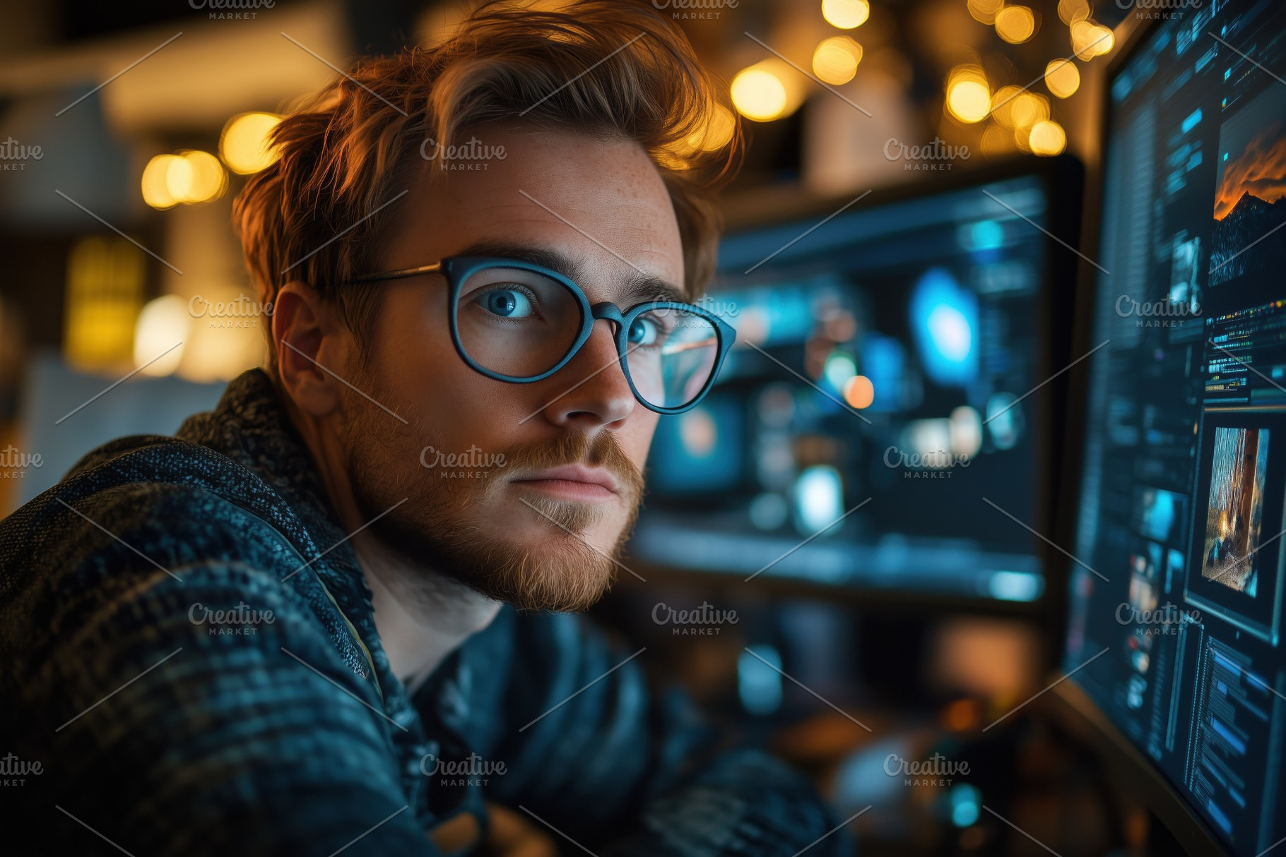 A young man systems engineer with glasses sits in front of multiple computer sc, a Person Photo by Textures & Backgrounds