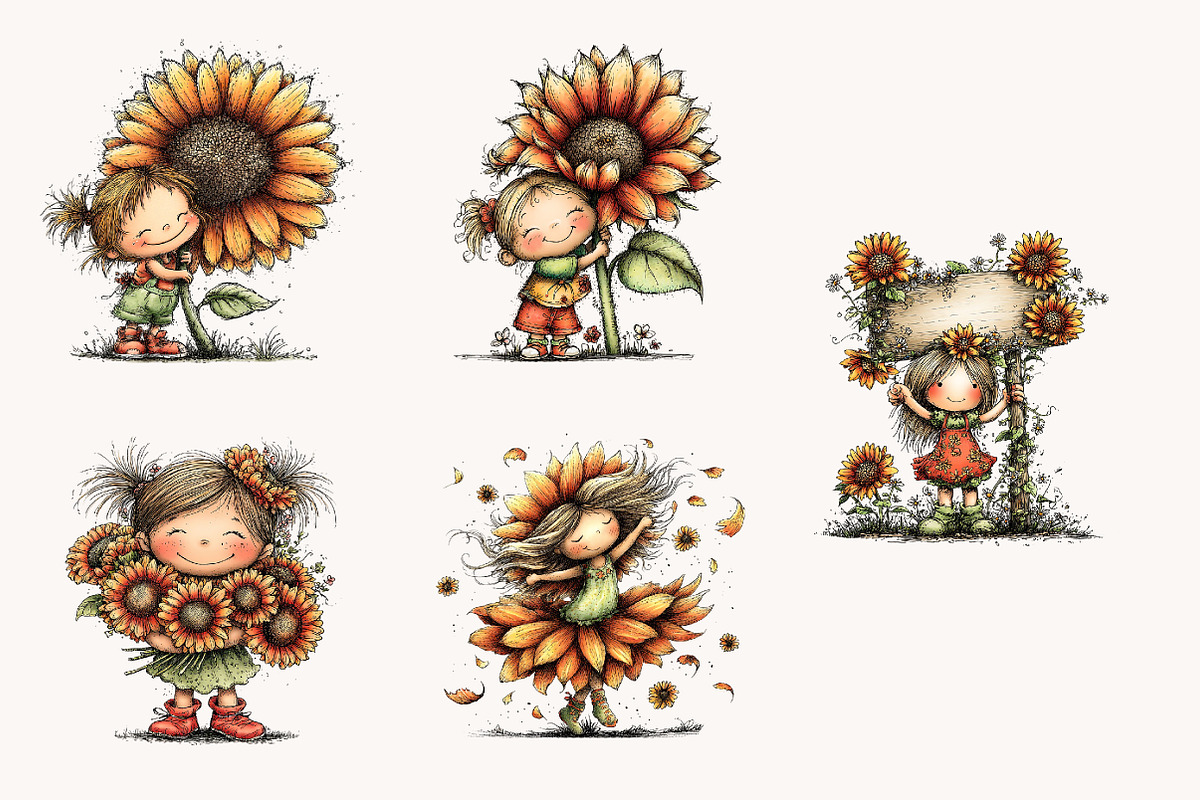 Whimsical Sunflower Girl Clipart, a Seasonal Illustration by Designworld (Photo 5 of 9)