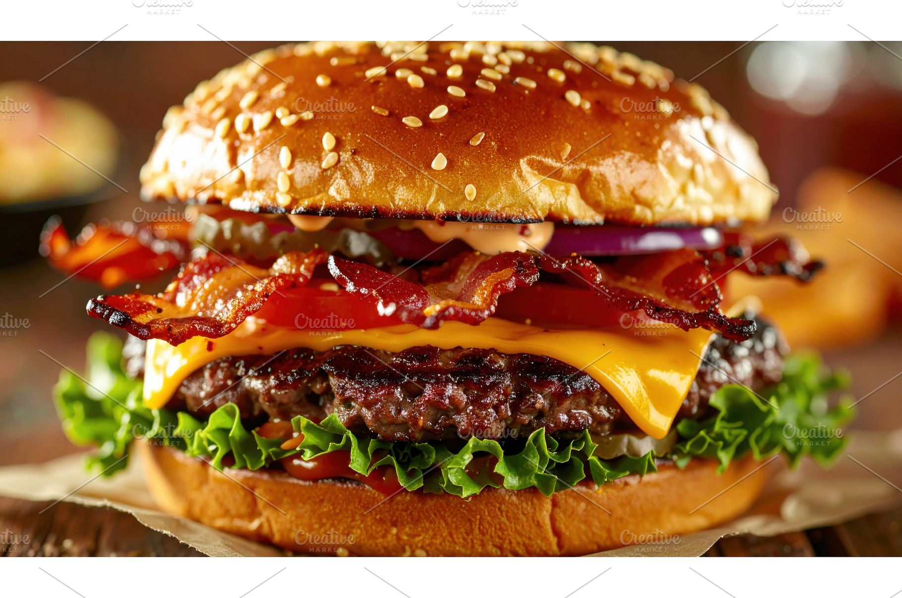 A gourmet burger with crisp bacon, a Food & Drink Photo by Igor Tichonow