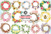 Watercolor Summer Wreath Clipart PNG, an Illustration by Canvas Craft (Thumbnail 1 of 4)