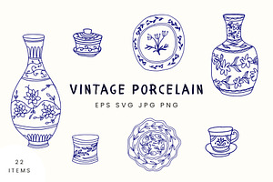 Vintage China Tableware Collection, a Decorative Illustration by Kristina Chistiakova