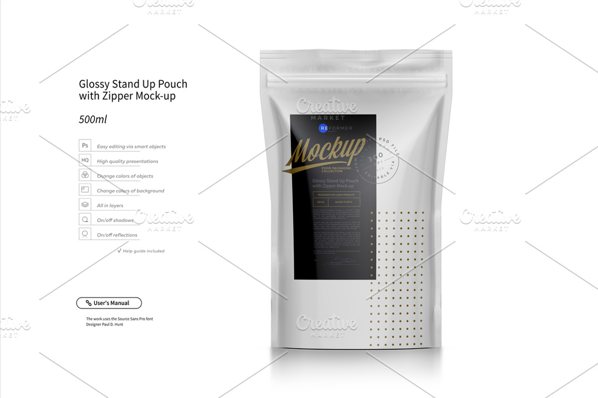 Glossy Stand Up Pouch Mockup, a Packaging Mockup by Reformer Mockup