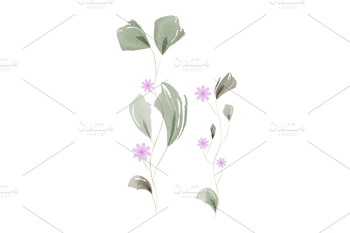 Watercolor stems with green leaves, an Object Illustration by okskukuruza