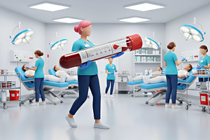 Nurse with a giant tube of blood, a Photo by angellodeco