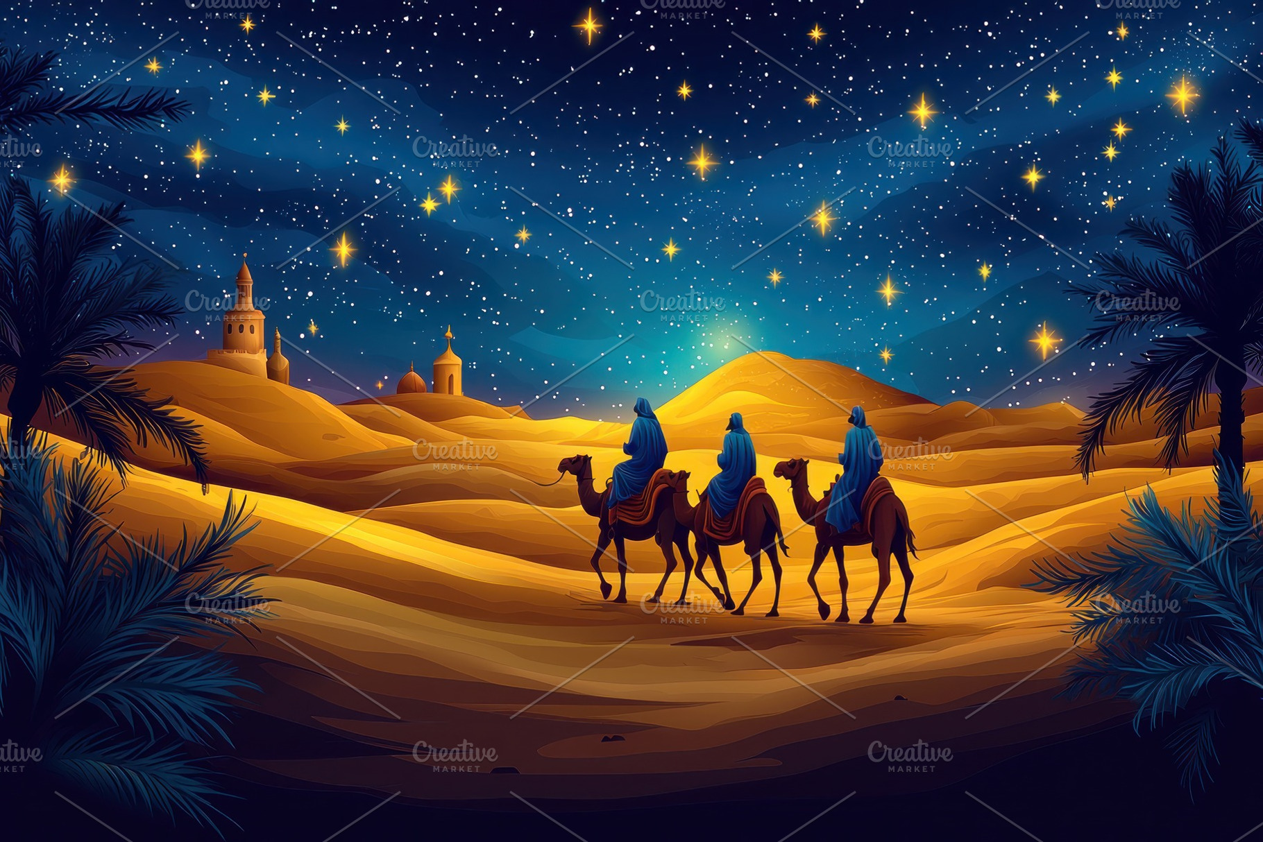 Three Wise Men riding camels under a starry night sky through go, a Holiday Photo by José Manuel Gelpi
