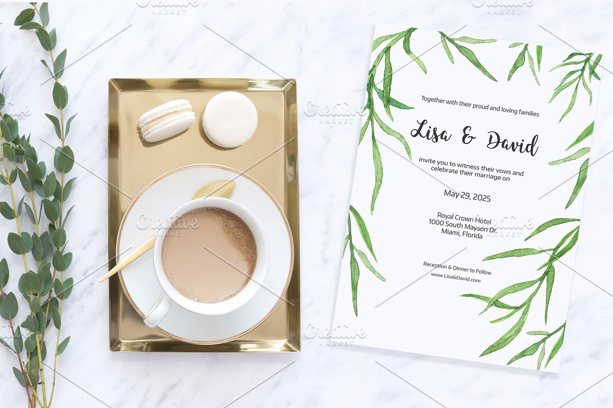 Leafy Watercolor Wedding Invitation, an Invitation Template by Love Design (Photo 2 of 7)