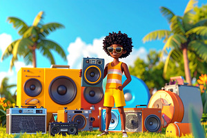 Young man at tropical environment surrounded by lots of audio sp, a Person Illustration by DanFLCreativo