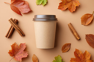 Stylish autumn coffee cup surrounded by vibrant leaves and cinnamon sticks, a Food & Drink Photo by AlyaAnd