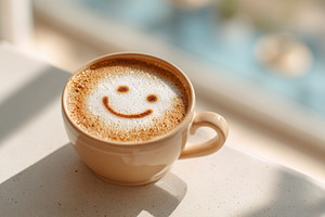 Cheerful coffee with smiley face foam art, a Food & Drink Photo by AlyaAnd