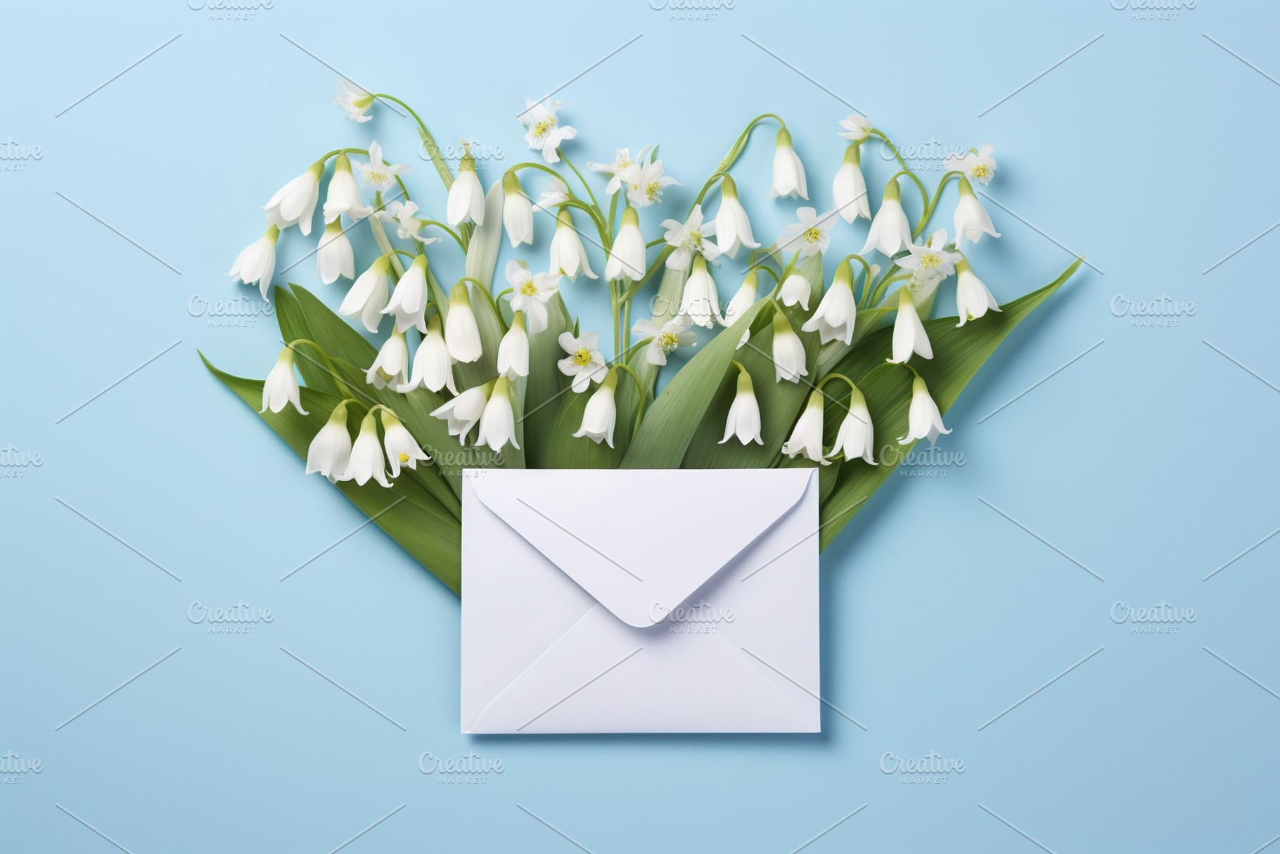 Blooming snowdrop flowers in letter envelope on blue background, a Nature Photo by AlyaAnd