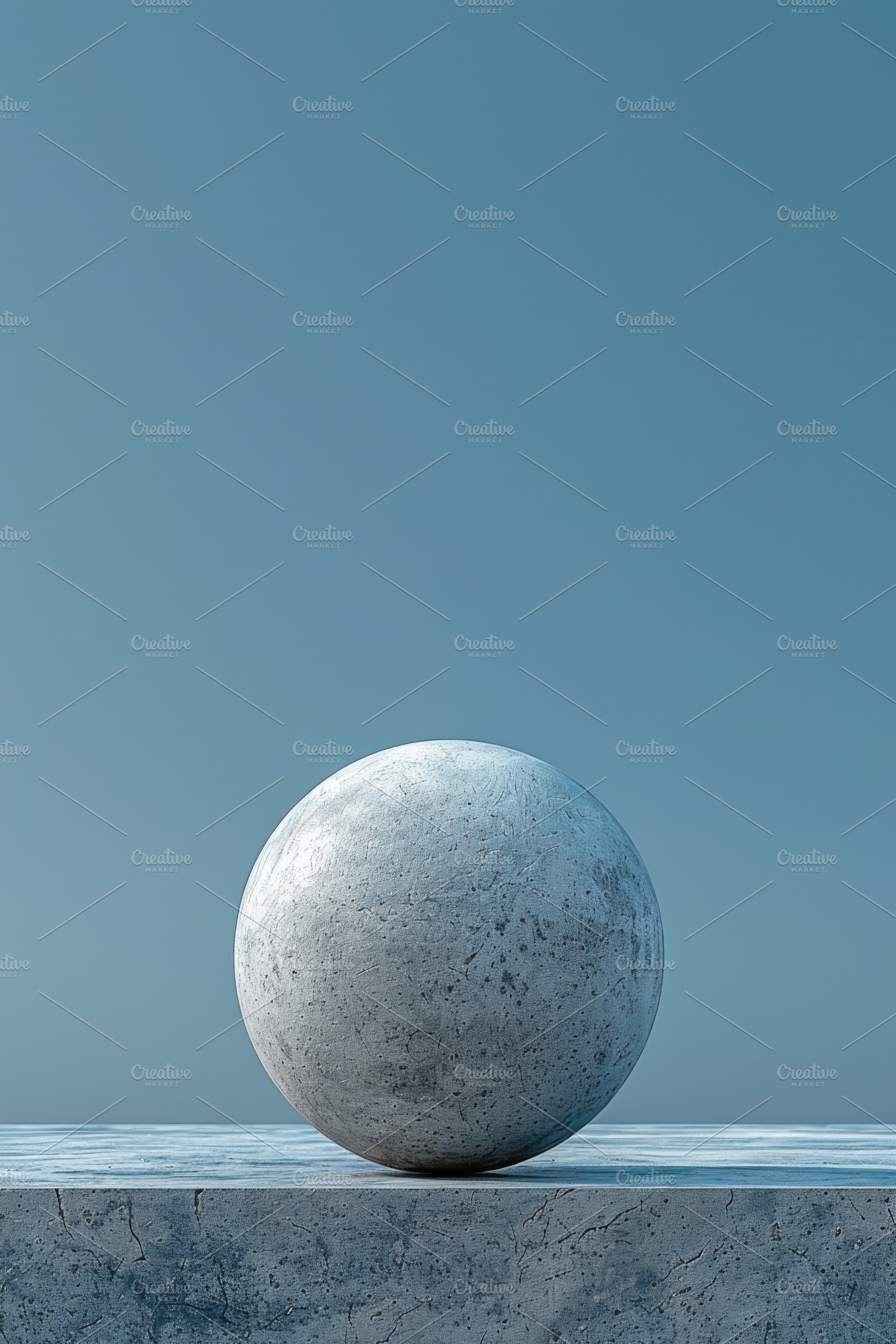 Minimal concrete sphere on platform with blue background, balanc, an Abstract Photo by José Manuel Gelpi