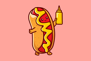 Cute Hotdog Holding Mustard Cartoon, a Food Illustration by Catalyst Labs