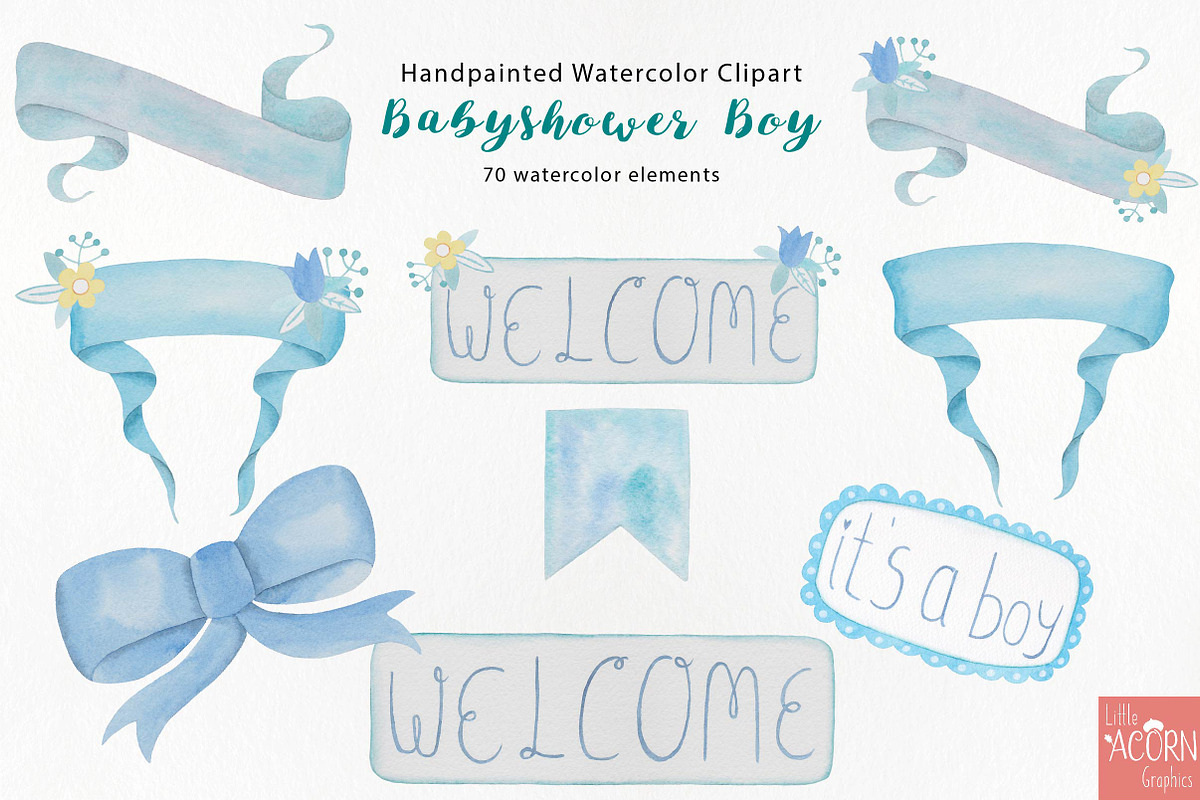 Watercolor Babyshower boy in blue, a Texture Illustration by LittleAcornGraphics (Photo 4 of 11)