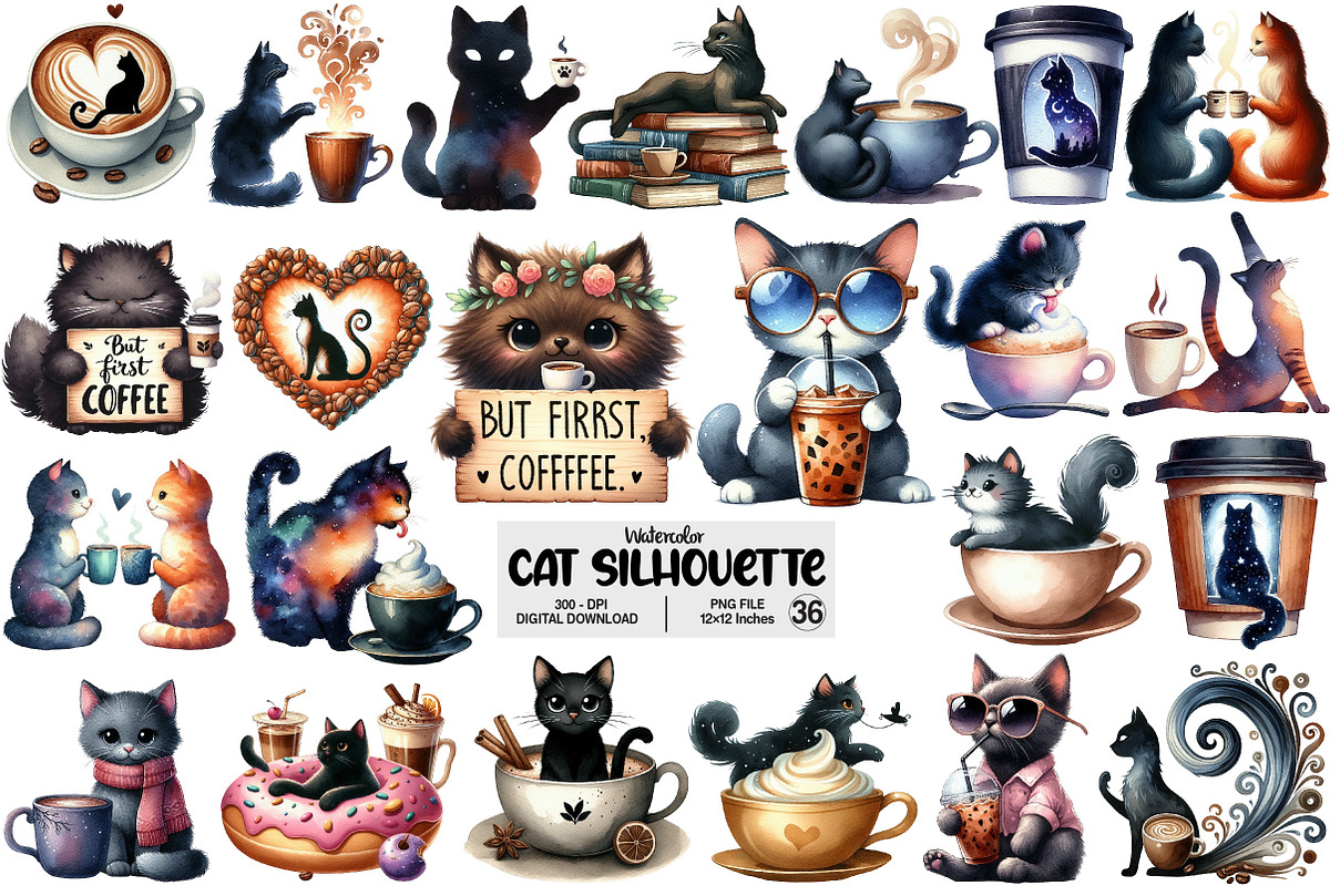 Cat Silhouette Love Coffee Clipart, an Illustration by Pixels.Craft (Photo 1 of 8)