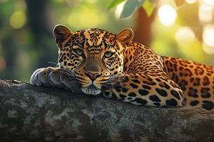 Majestic Leopard Resting on Tree Bra, an Animal Photo by Pixeness Studio
