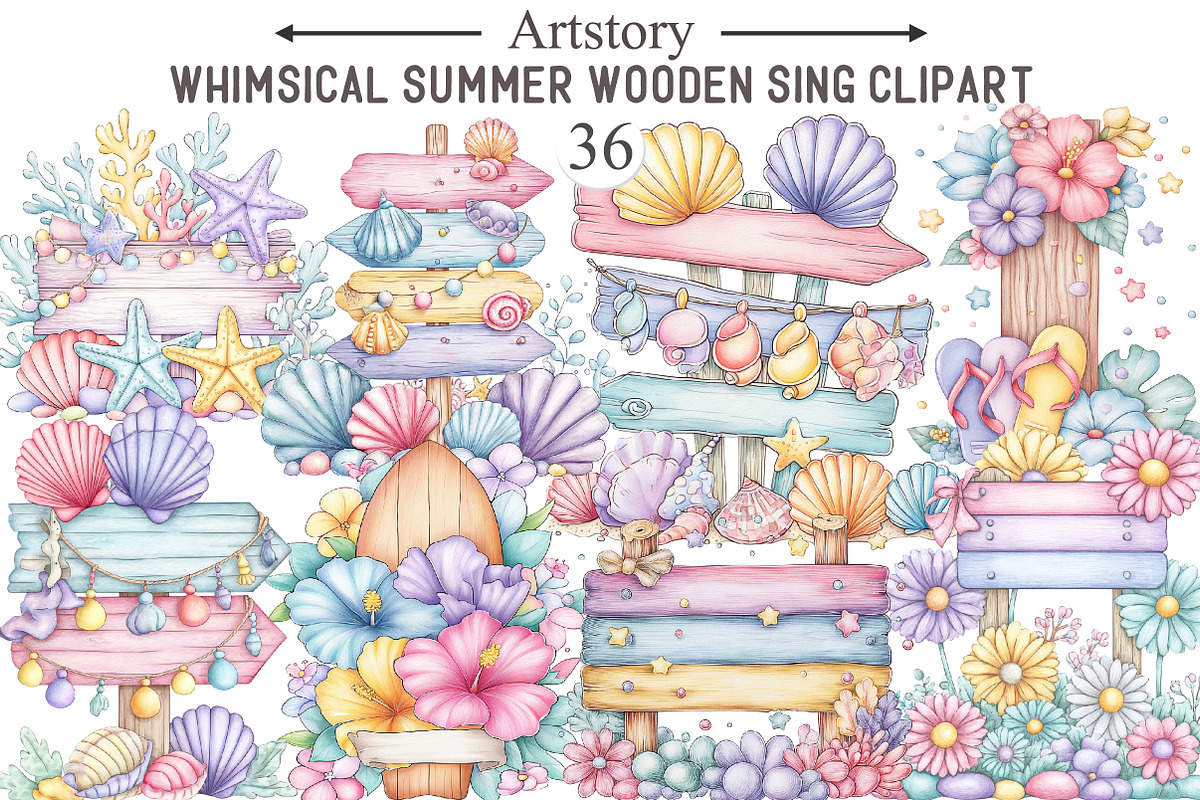 Whimsical Summer Wooden Sing Clipart, an Illustration by designcity5 (Photo 1 of 5)