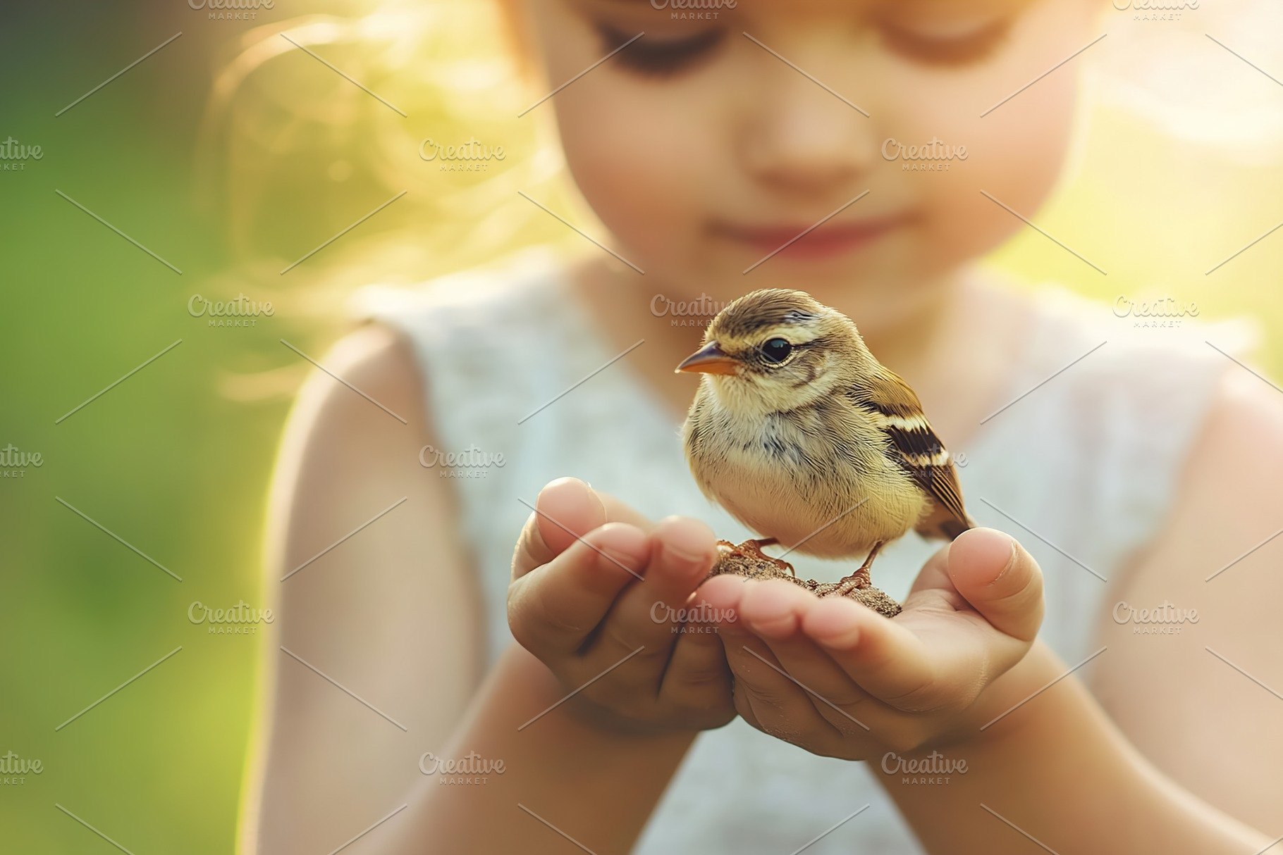 Young girl gently holds a small bird in her hands during a sunny afternoon in n, a Person Photo by AlyaAnd