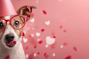 Adorable dog wearing red glasses and a party hat with pink heart, an Animal Photo by Ales Munt