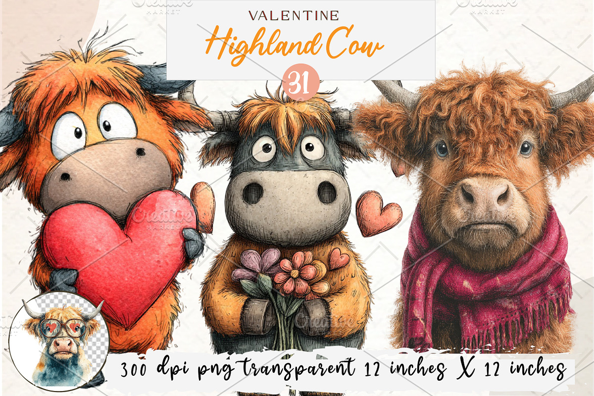 Valentine Highland Cow Clipart, an Illustration by Watercolor design (Photo 1 of 4)