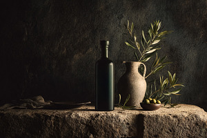 Olive oil bottle, rustic pitcher, and fresh olives on a rough st, a Photo by Studio ANNA