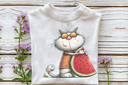 Summer Cat Enjoy Watermelon Clipart, an Illustration by OK Design (Thumbnail 5 of 6)