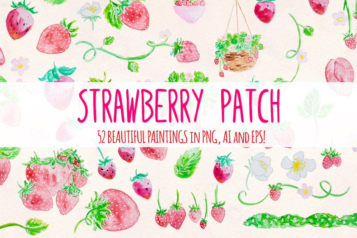 Strawberry Patch Watercolor Graphics, a Seasonal Illustration by Violet LeBeaux (Photo 1 of 3)