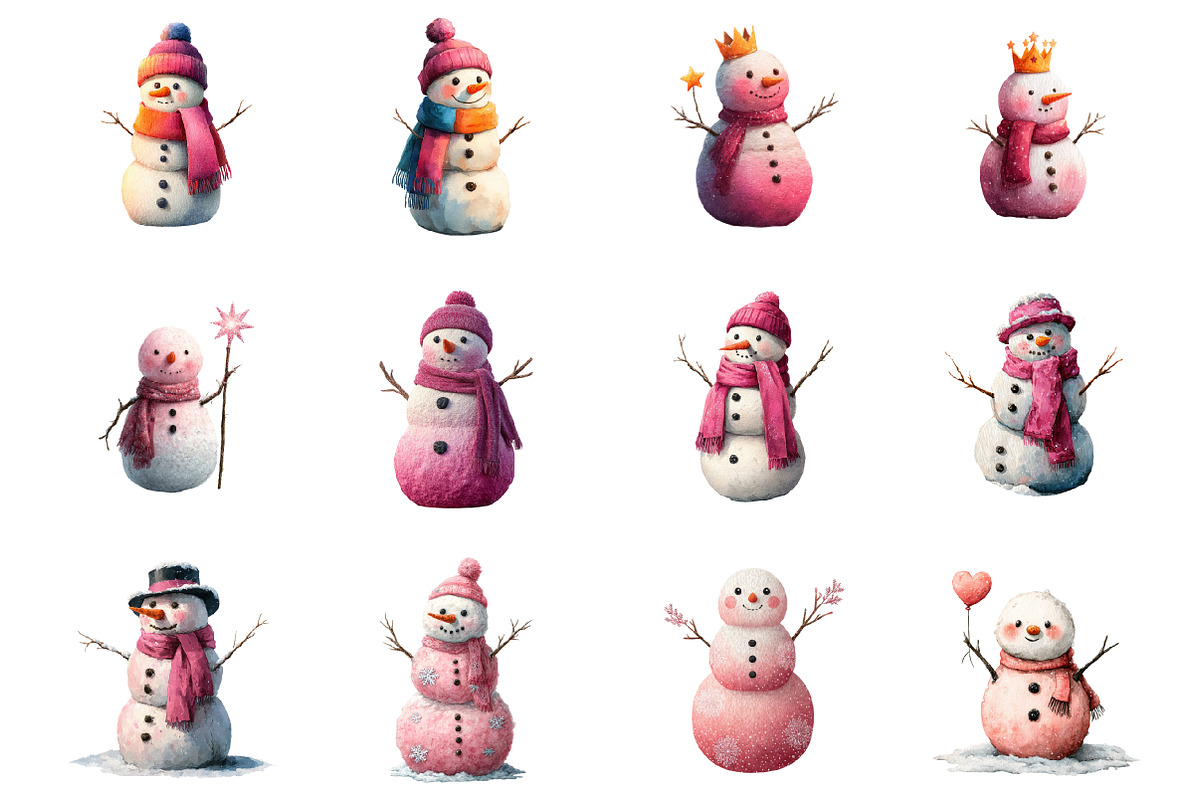 Watercolor Pink Snowman Clipart, an Illustration by Design Market (Photo 3 of 3)