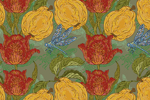 Quince, Tulips & Dragonfly Vector, a Pattern Graphic by NayaChu