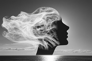 Silhouette of human head surrounded by flowing smoke over water at dusk, a Photo by AlyaAnd