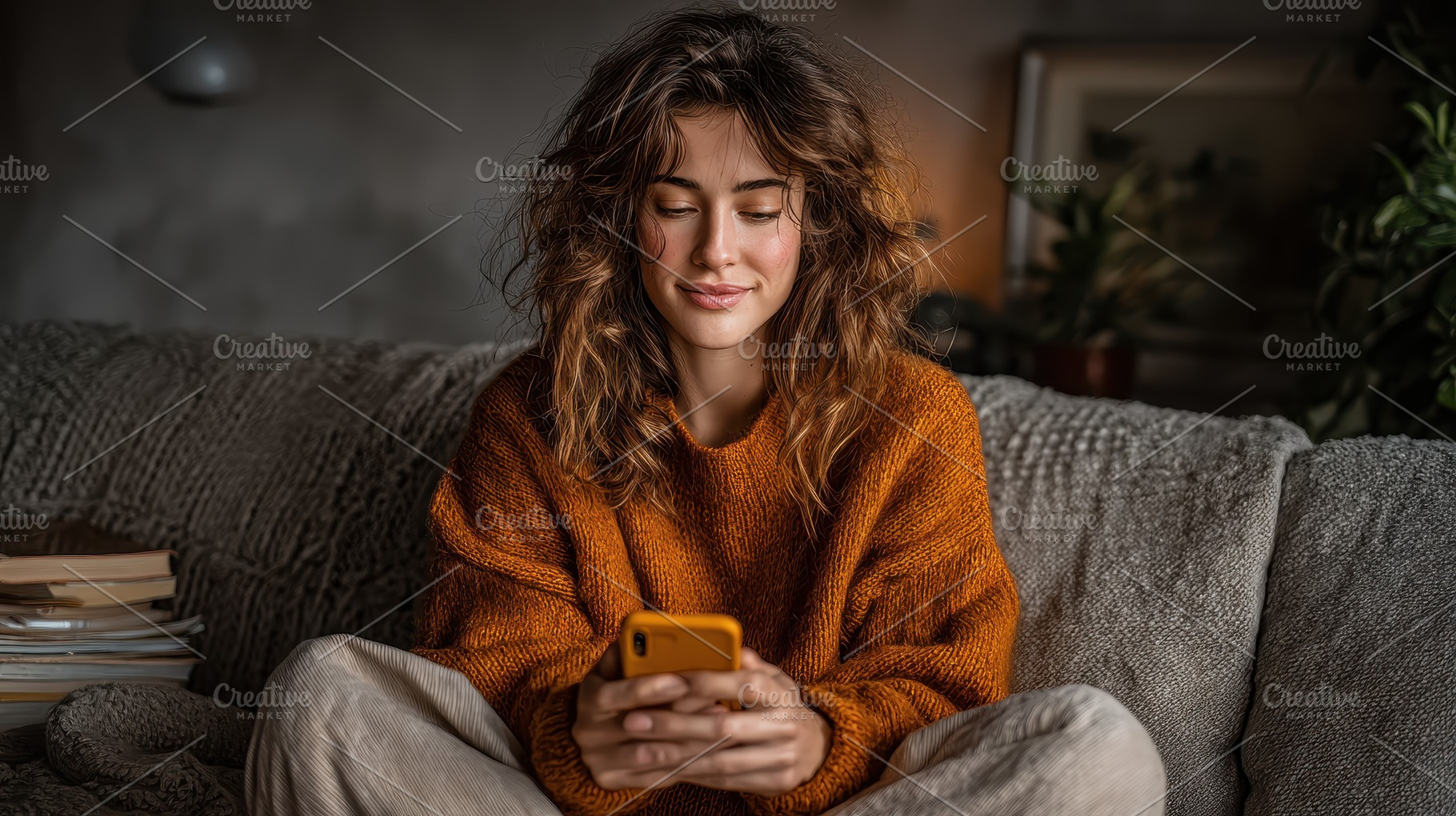 Woman relaxing on couch using phone, an Abstract Photo by Pixeness Studio