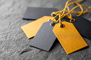 Black and gold glittery tags on dark surface, a Holiday Photo by AlyaAnd
