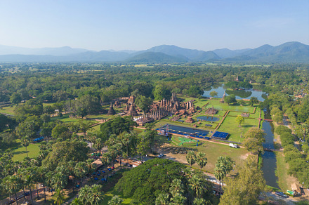 Aerial view of Sukhothai Historical Park, buddha pagoda stupa in