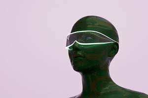 Green circuit humanoid wearing glowing smart visor