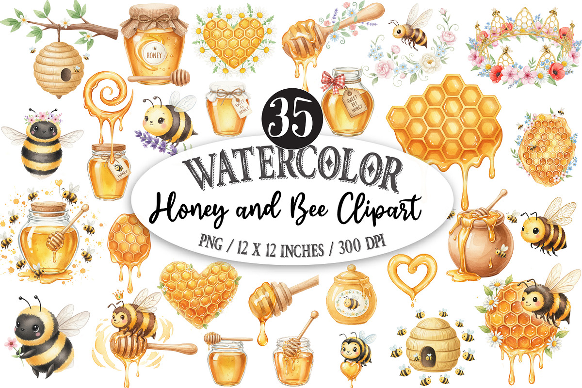 Watercolor Honey and Bee Clipart, an Illustration by Designking (Photo 1 of 5)