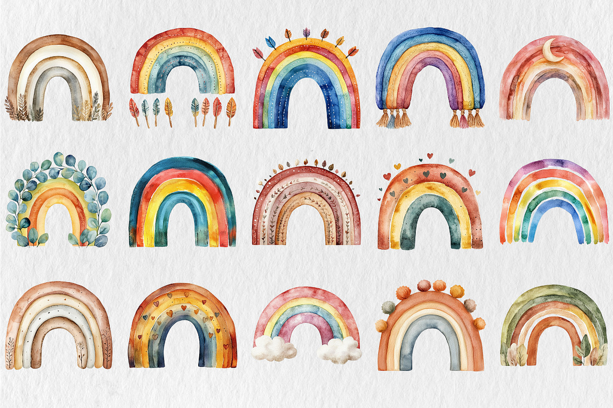 Watercolor Boho Rainbow Clipart, an Illustration by Rose Art (Photo 2 of 5)