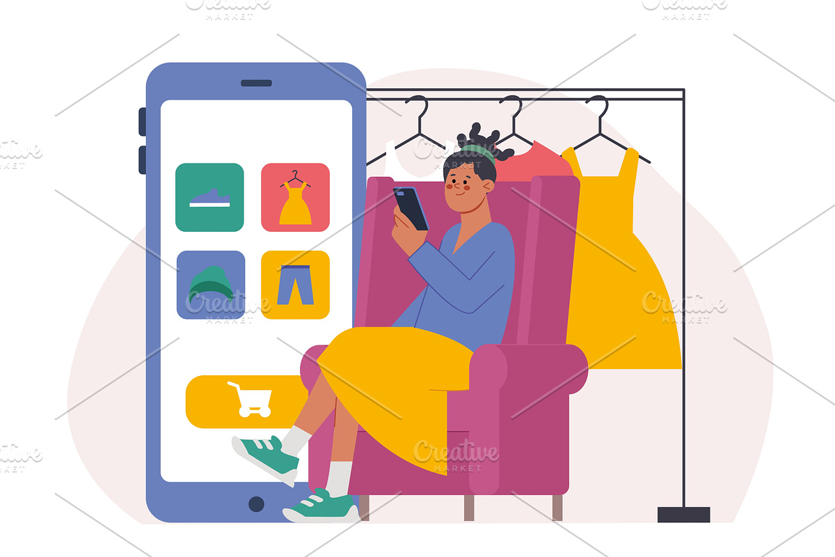 Shopaholism concept. Young woman buy, an Object Illustration by LadadikArt