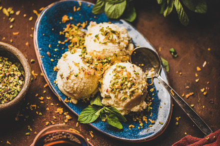 Turkish dessert semolina helva with containing food, drink, and turkish, a Food & Drink Photo by Foxys