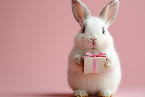 Cute white bunny holding a small gif, a Photo by Tanuart