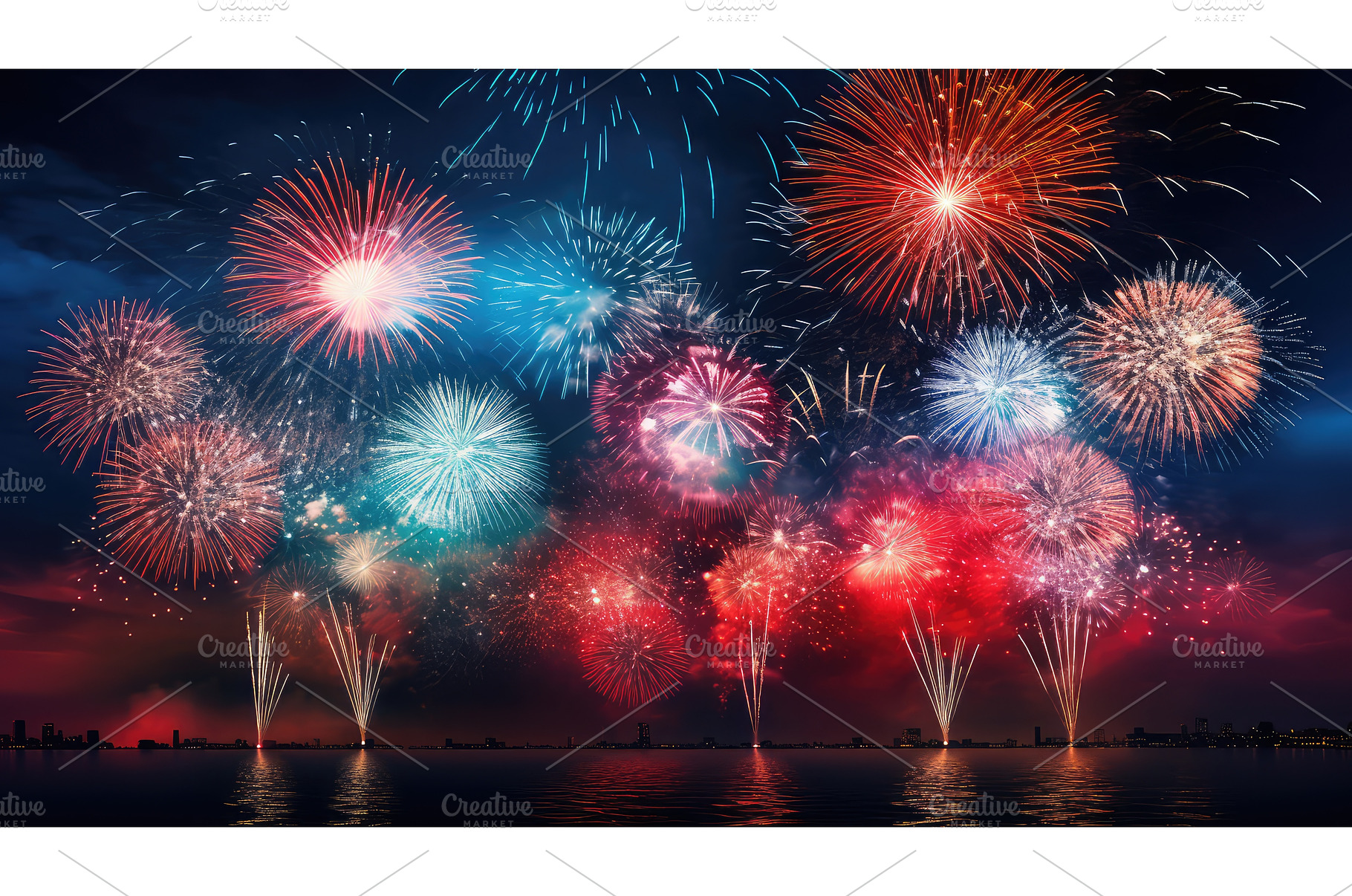 vibrant red and blue fireworks ai, a Holiday Photo by pikepicture
