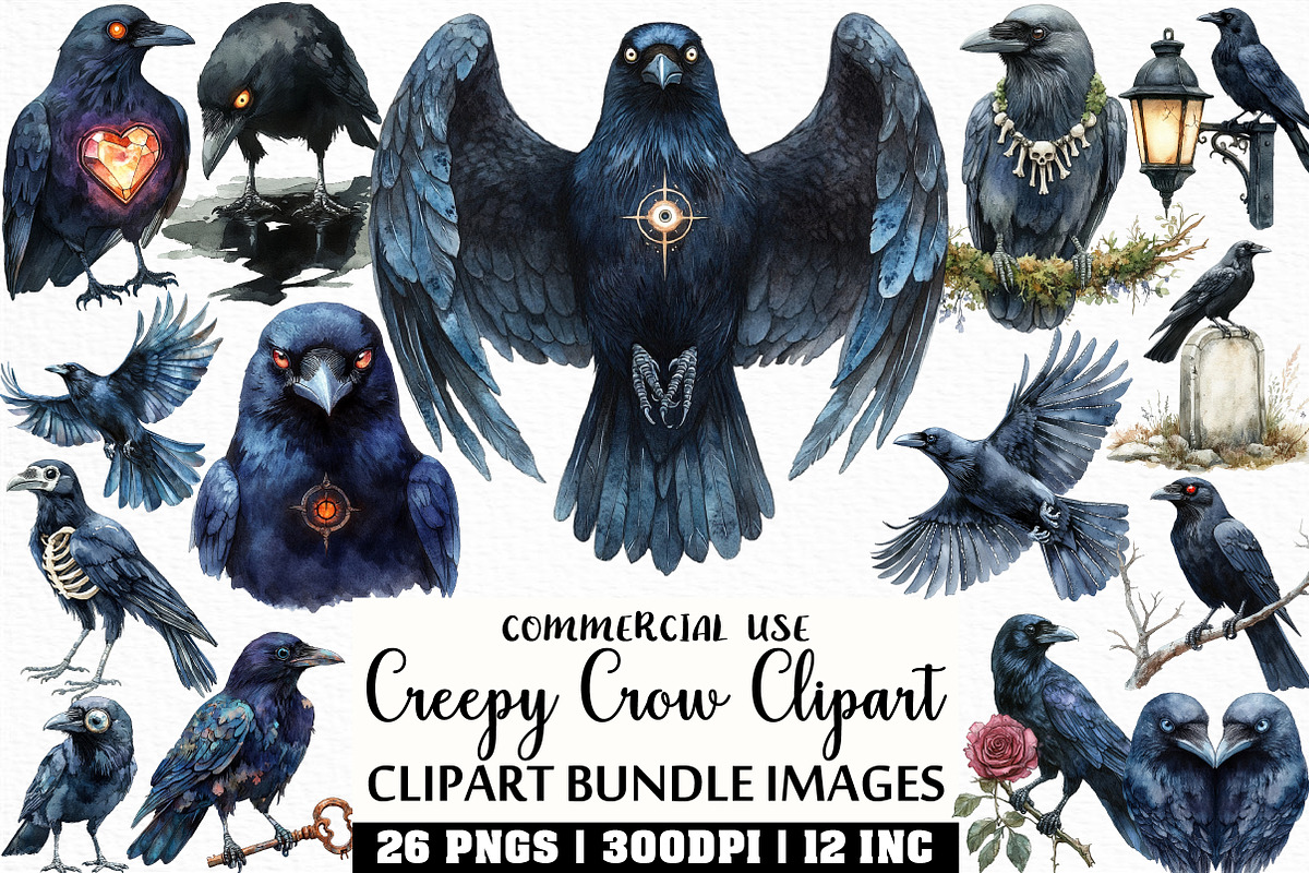 Watercolor Creepy Crow Clipart, an Illustration by Craft Nest (Photo 1 of 6)