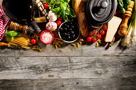 Tasty healthy food ingredients top containing food, italian, and pasta, a Food & Drink Photo by Valeria Art
