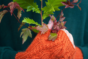 Female hands in orange mittens holding autumn leaves