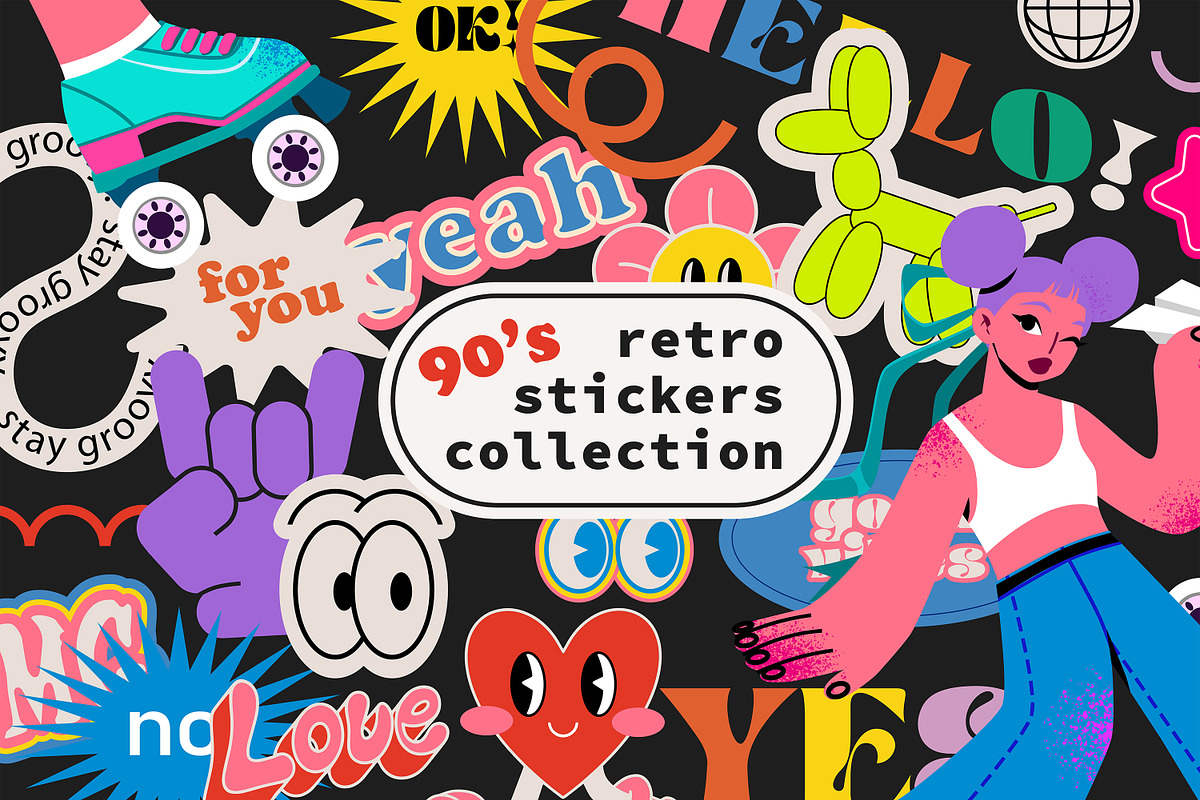 HAND DRAWN RETRO STICKERS + PATTERN, a Decorative Illustration by UnaAnya (Photo 1 of 5)