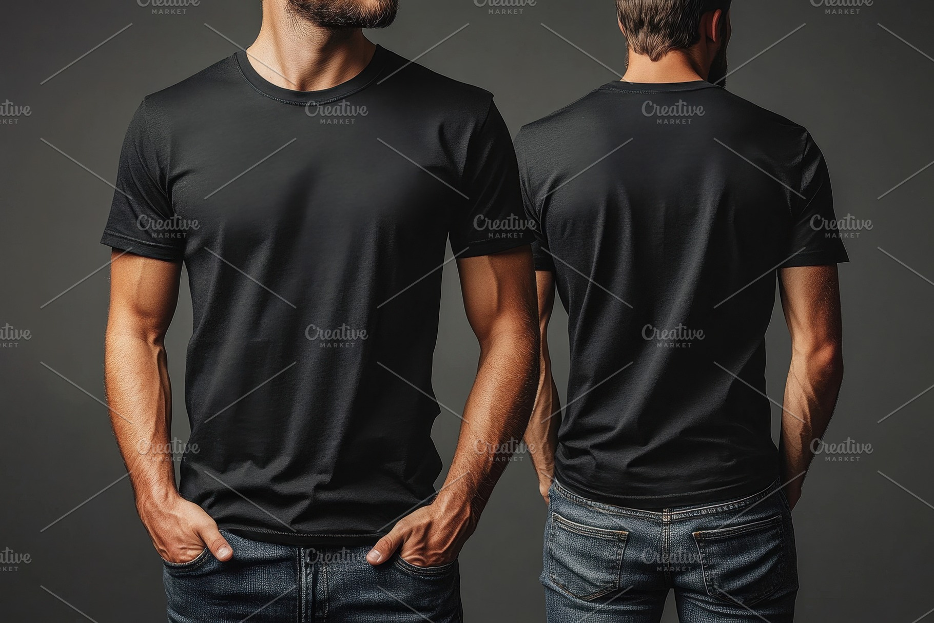Black t-shirt displayed on a male mo, a Photo by Tanuart