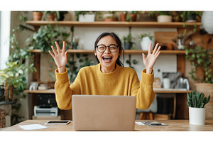 A cheerful Asian woman celebrates, an Architecture Photo by Sergey Kotenev