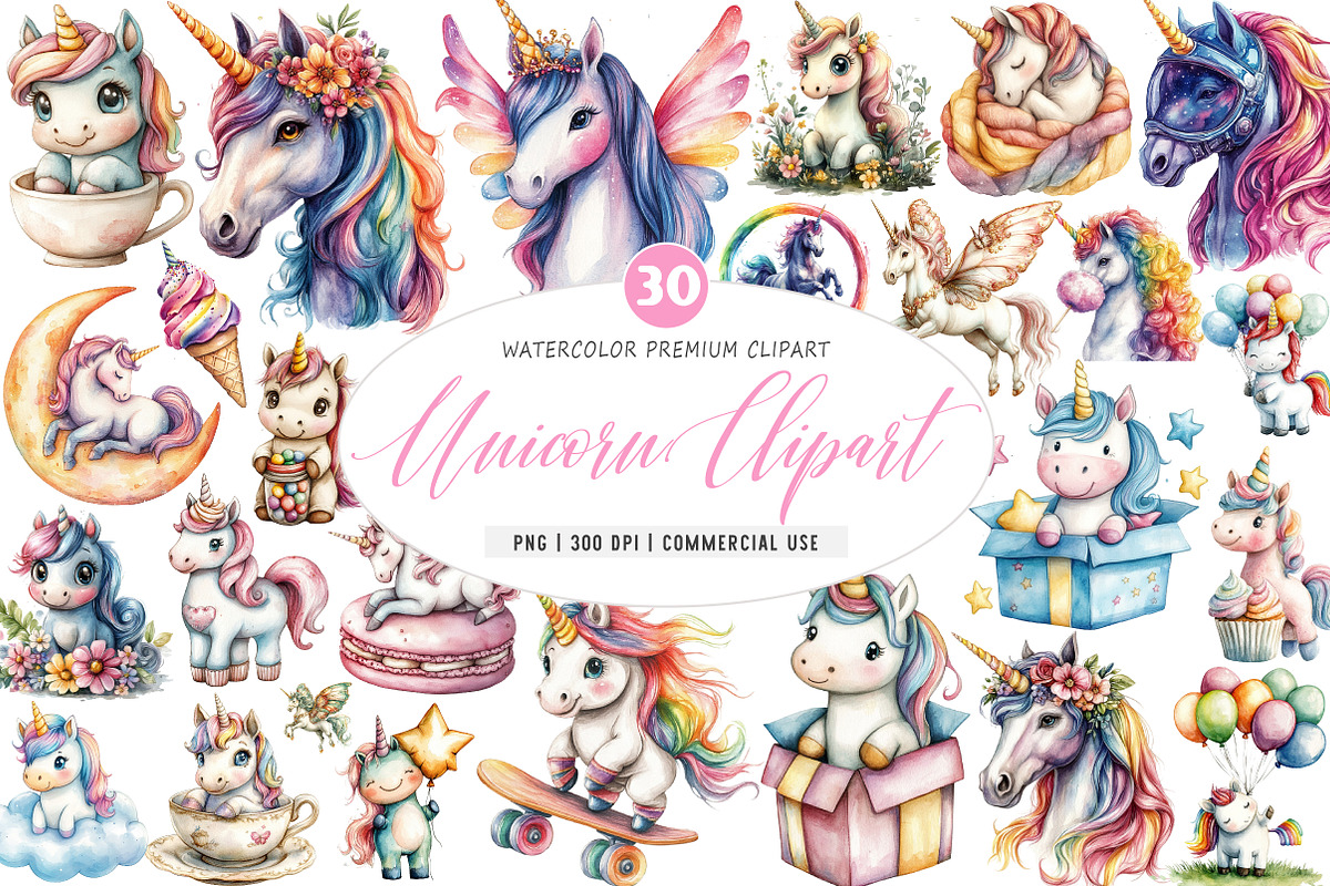 Unicorn Watercolor Clipart, an Illustration by SinaCreation (Photo 1 of 5)
