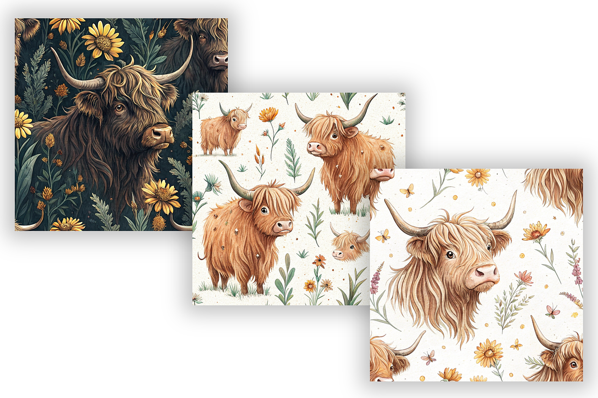 Highland Cow Digital Paper Pack, a Pattern Graphic by FloridPrintables (Photo 3 of 9)