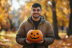 Young man holds halloween pumpkin jack o lantern in autumn park, a Photo by AlyaAnd